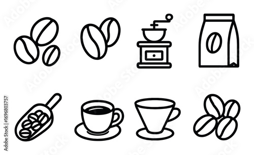 Coffee icon set featuring beans, grinder, bag, scoop, cup, filter
