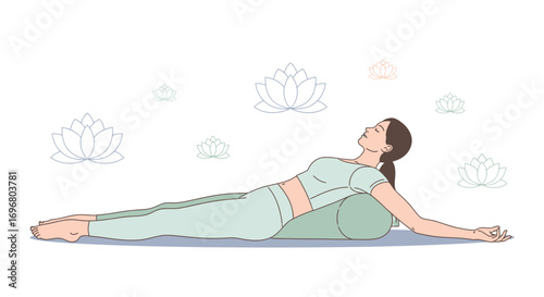 Woman Performing Restorative Yoga Pose Achieving Serenity with Lotus Flower Elements