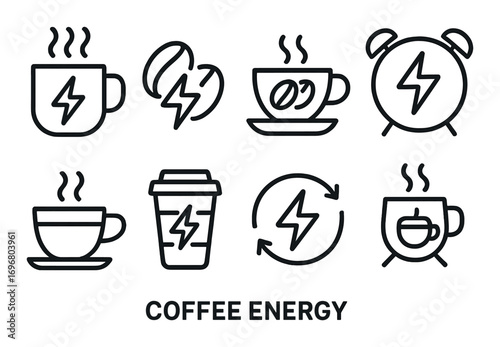 Coffee energy icons featuring cups, beans, mugs, alarm, and recharge symbols