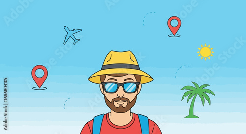 Travel Enthusiast With Sunglasses And Hat Surrounded By Travel-Related Icons