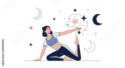 Woman Performing Yoga Pose With Celestial Elements Representing Inner Peace And Harmony