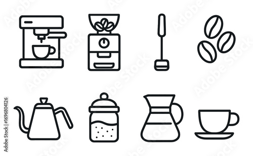Outline icons of coffee equipment featuring grinder, kettle, dripper, and mug