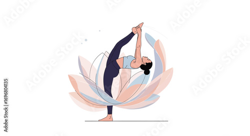 Woman Performing Yoga Pose with Lotus Flower Background Elegant and Relaxing Illustration