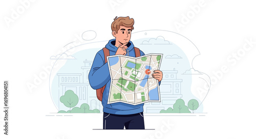 Traveler Contemplating Route: A Conceptual Illustration Of Navigation and Location