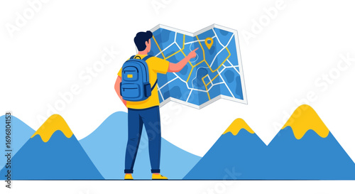 Traveler Exploring Map Directional Planning Using Navigation Near Mountains Illustration