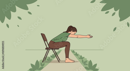 Woman Performs Yoga Exercise in the Park, Sitting on a Chair Relaxing and Stretching