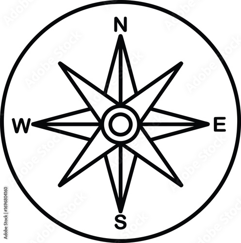 Minimalist Outline Circle Compass Rose Directional Icon Navigational Instrument Symbol