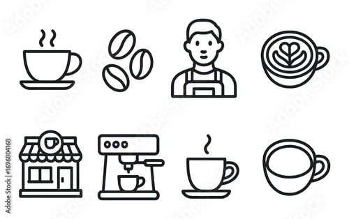 Coffee icons set featuring barista and cafe elements in grayscale outline design