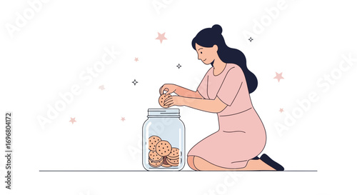 Woman Placing Cookies Into A Glass Jar, Illustrated, Enjoying Sweet Moments