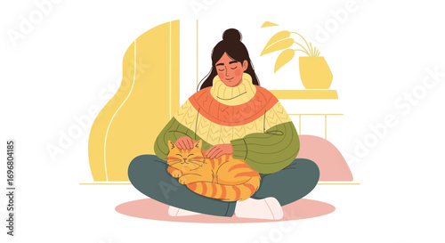 Woman Petting a Cat While Meditating in a Cozy, Peaceful Home Environment