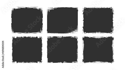 Set of rectangular grunge template backgrounds. Black square shapes with ripped jagged borders on white background.  Vector black paint brush spots, Hand drawn Ink brush strokes texture.