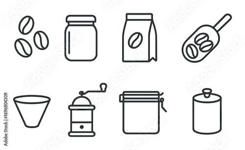 Coffee essentials icons set: grinder, beans, jar, bag, scoop, filter, canister