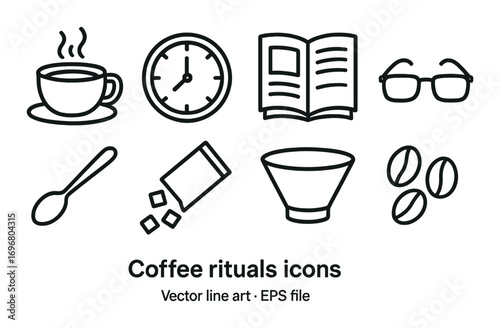 Set of coffee rituals icons: cup, clock, book, glasses, spoon, sugar cubes, bowl, beans