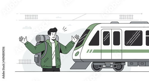 Traveller Welcoming Arrival, Embracing Transportation, Modern Train Arrival Illustration