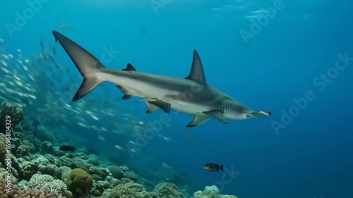 Wallpaper Mural Graceful shark swimming through vibrant coral reef, surrounded by schools of fish in clear ocean waters Torontodigital.ca