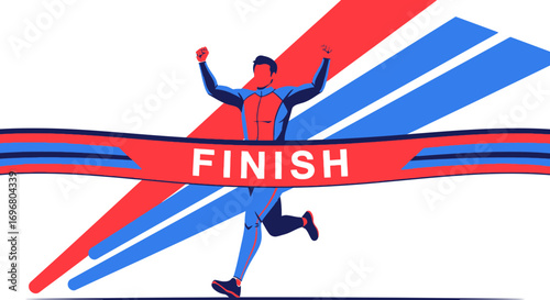 Triumphant Athlete Crossing Finish Line Celebrates Victory And Success In Sport