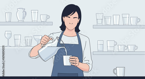 Woman Pouring Fresh Water Into a Cup for Hydration and Refreshment
