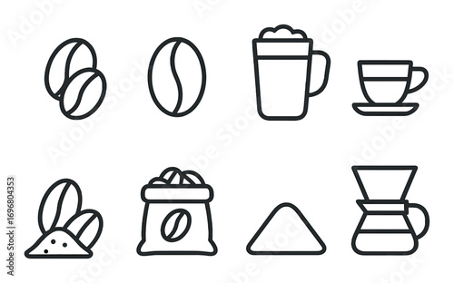 Coffee icons collection featuring beans and cups on dark background