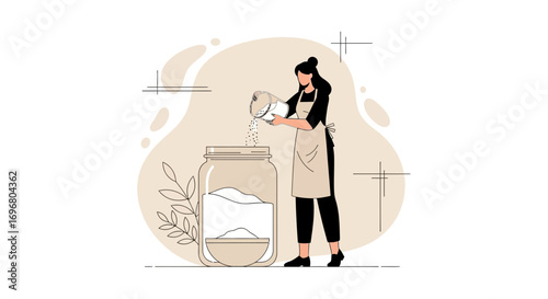 Woman Pours Ingredients Into a Jar, Composing a Culinary Creation For Home Cooking