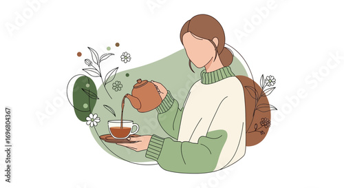 Woman Pouring Tea, Relaxing Moment, Floral Details, Aesthetically Pleasing Illustration Style