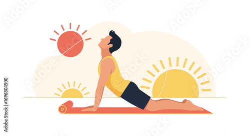 Uplifting Sunrise Yoga: A Serene Depiction of Early Morning Wellness and Relaxation