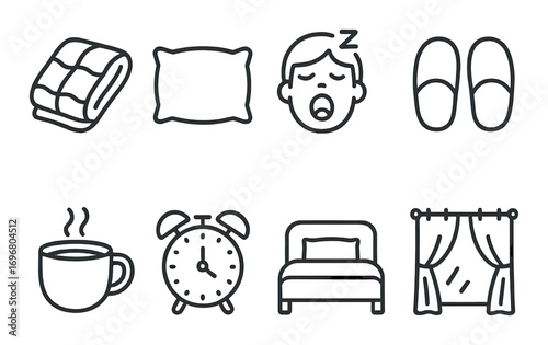 Cozy sleep icons: blanket, pillow, yawning, slippers, coffee, alarm clock, bed, curtains