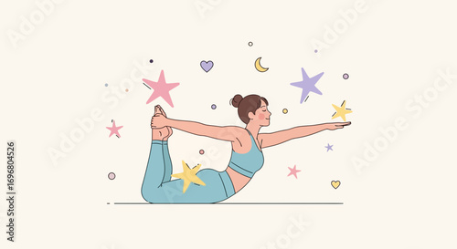 Woman Practicing Yoga Arch Pose Amongst Celestial Elements Displaying Serenity And Calmness