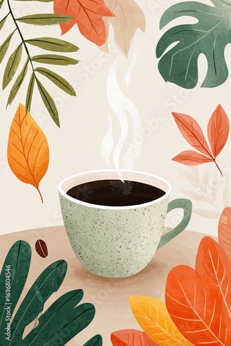 Steaming cup of coffee surrounded by autumn leaves and coffee beans