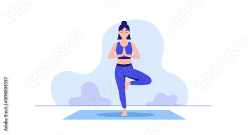 Woman Practicing Yoga In Tree Pose With Palms Pressed Together For Wellness And Peace