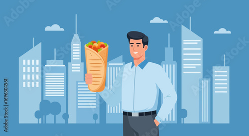 Urban Dweller Proudly Displays Delicious Shawarma Wrap Against Cityscape Backdrop