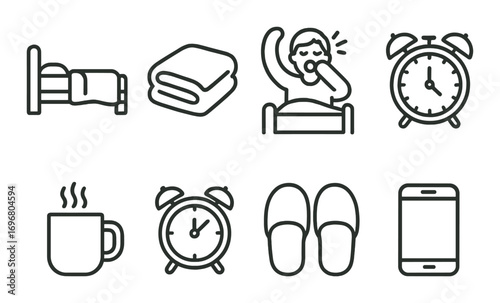 Morning routine icons: bed, alarm clock, cup, slippers, yawning person