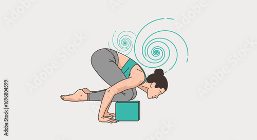 Woman Practicing Yoga Pose Utilizing Block with Spirals for Meditation and Wellbeing