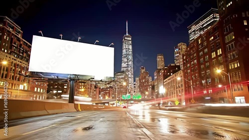 Dynamic night cityscape highway billboard offers prime advertising space for impactful brand campaigns