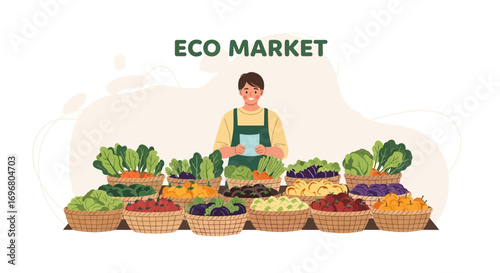 Vibrant Eco Market Displaying Local Produce with Smiling Vendor Offering Fresh Grocery Items