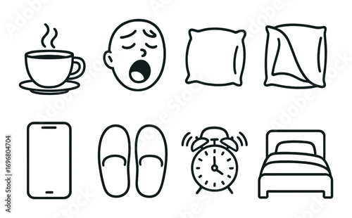 Sleep and relaxation icons: cup, yawn, pillow, phone, slippers, alarm, bed