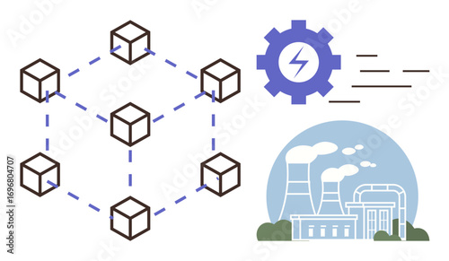 Blockchain connected nodes, gear with bolt symbolizing energy, industrial factory with chimneys. Ideal for energy, blockchain, technology, decentralization, sustainability innovation future. Simple