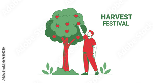 Vibrant Harvest Season Illustration Reflecting Abundance, Featuring Fruit Picking, and Celebration