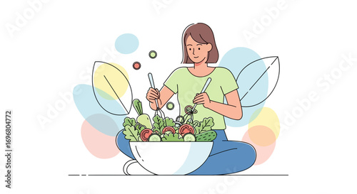 Woman Prepares Fresh Bowl Of Salad, Embracing Healthy Eating And Nourishment