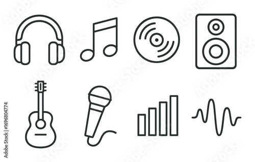Music icons set: headphones, notes, vinyl, speakers, guitar, microphone, equalizer, sound wave