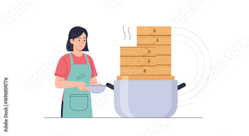 Woman Preparing Asian Cuisine Utilizing Steaming Technique with Kitchen Accessories at Cooking Time
