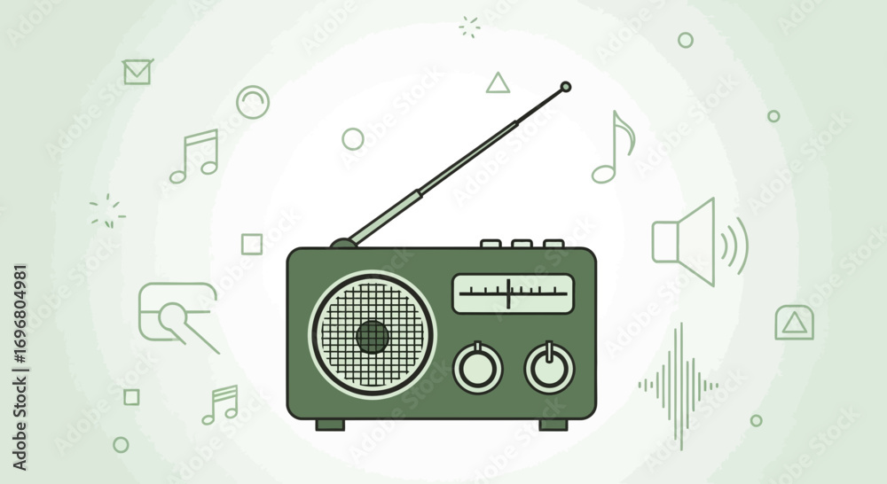 Obraz premium Vintage Radio Illustration Surrounded By Musical Elements, Sound Waves, And Geometric Shapes