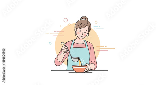 Woman Preparing Culinary Delights with Soup Ladle in Culinary Harmony Vector Illustration