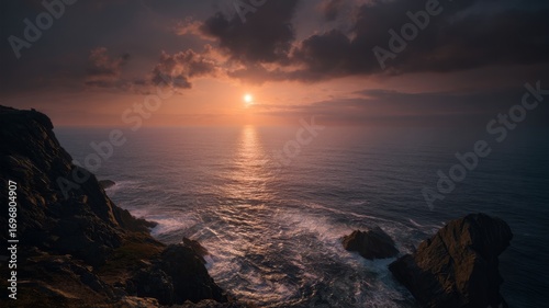 Dramatic coastal sunset over rocky shoreline. AI image
