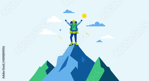 Victorious Hiker Celebrates Achieving Summit, Reaching Peak in Scenic Mountainous Landscape