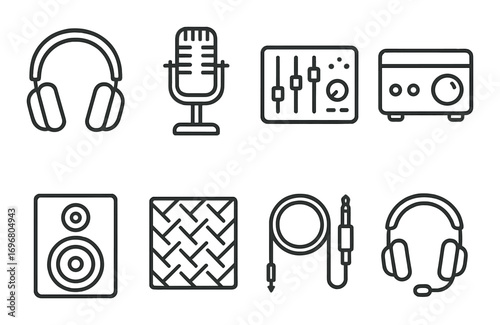 Audio equipment icons: headphones, microphone, mixer, speaker, cable