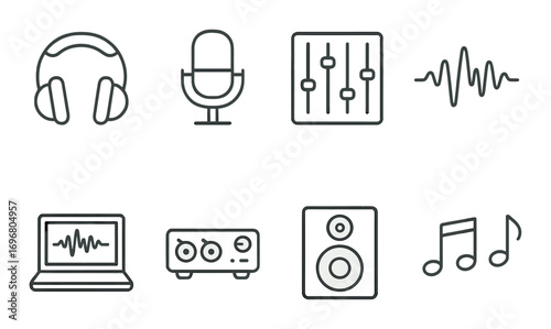 Audio equipment icons: headphones, microphone, equalizer, sound wave, laptop, mixer, speaker, music notes