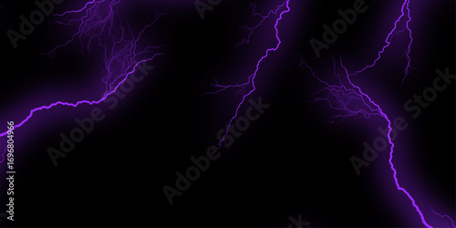 Lightning bolt or electric thunderbolt strikes in a stormy and cloudy purple night sky isolated on a dark background. Lightning and clouds in the night storm. Abstract Watercolor Vector purple, black.