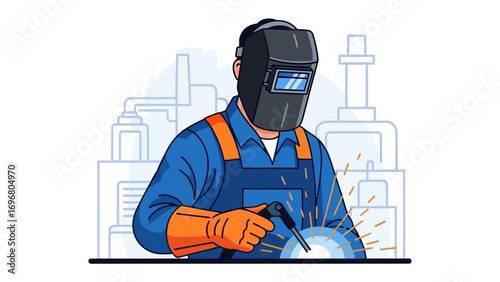 Welder at Work: A skilled welder, clad in protective gear, focused on the task, with his helmet and tools in action, symbolizing craftsmanship and industrial progress.