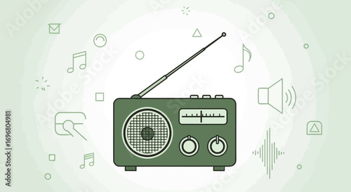 Vintage Radio Illustration Surrounded By Musical Elements, Sound Waves, And Geometric Shapes