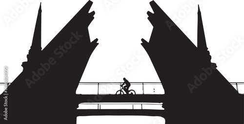 Silhouette of cyclist on bridge with abstract architectural structures bicycle architecture